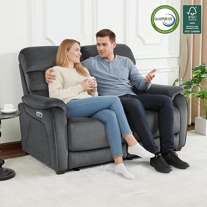 MCombo Zero Wall Recliner Loveseat, Power Recliner Loveseat with Adjustable Headrest, USB A & C Charge Ports, Wood Legs, for Living Room, RVs, Small Spaces (Fabric, ST258M1, Dark Grey)