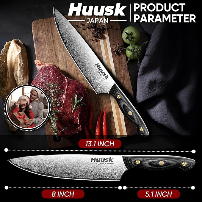 Huusk Damascus Chef Knife 8 inch, VG10 Kitchen Knife, Sharp Cooking knife with Ergonomic Wooden Handle for Vegetable Fruit and Meat Cutting, Birthday Dad Mom Gift