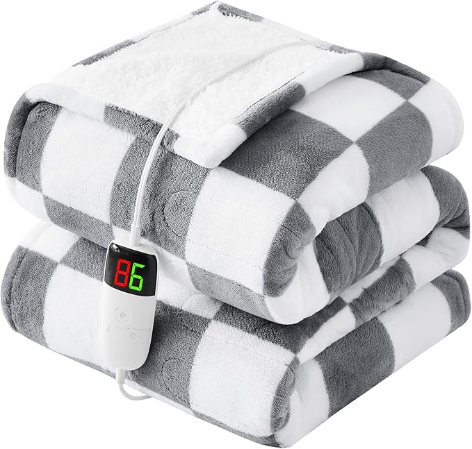 Heated Electric Blanketc Throw, 50X60 Heating Blanket with 10 Heat Level & 8 Hour Auto Off for Lap, Light Gray Checkered Plaid Sherpa Blankets Warmer Gift for Couch Grandma Women Adults Washable, ETL