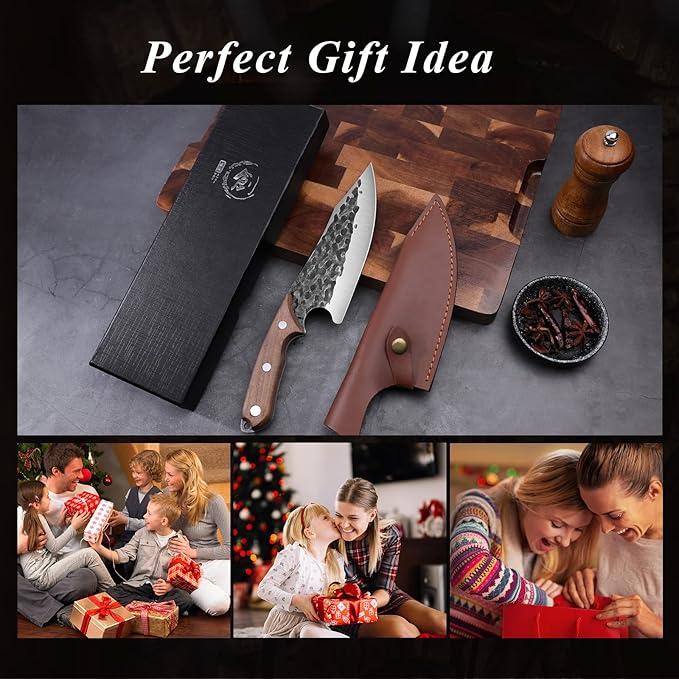 Huusk Viking Knife with Sheath - Hand Forged Boning Knife for Meat Cutting, Japanese Chef Knives for Kitchen, Outdoor Camping, Christmas Gifts Idea