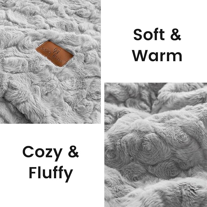 Cozy Bliss Faux Fur Throw Blanket for Couch, Fuzzy Soft Plush Thick Warm Fluffy Reversible Wave Textured Blanket for Sofa Bedroom Living Room, 55 * 70 Inches Grey
