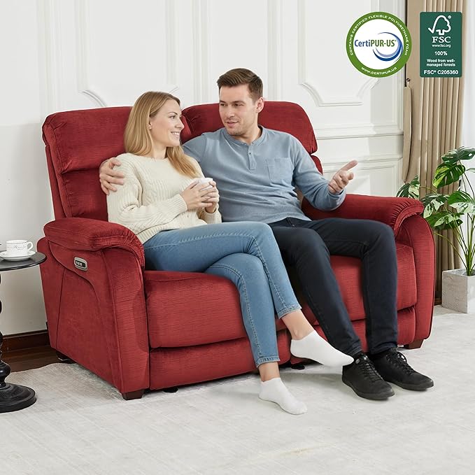 MCombo Zero Wall Recliner Loveseat, Power Recliner Loveseat with Adjustable Headrest, USB A & C Charge Ports, Wood Legs, for Living Room, RVs, Small Spaces (Fabric, ST258M1, Burgundy)
