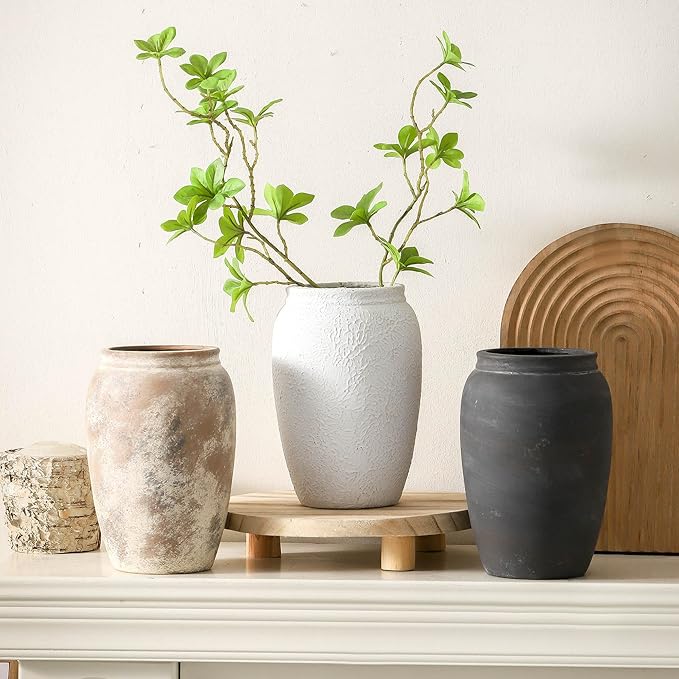 Terracotta Rustic Vase, Farmhouse Decorative Vase Boho Decor, Ceramic Vases for Home Decor, Table, Living Room, Shelf Decoration, 8.2 Inch