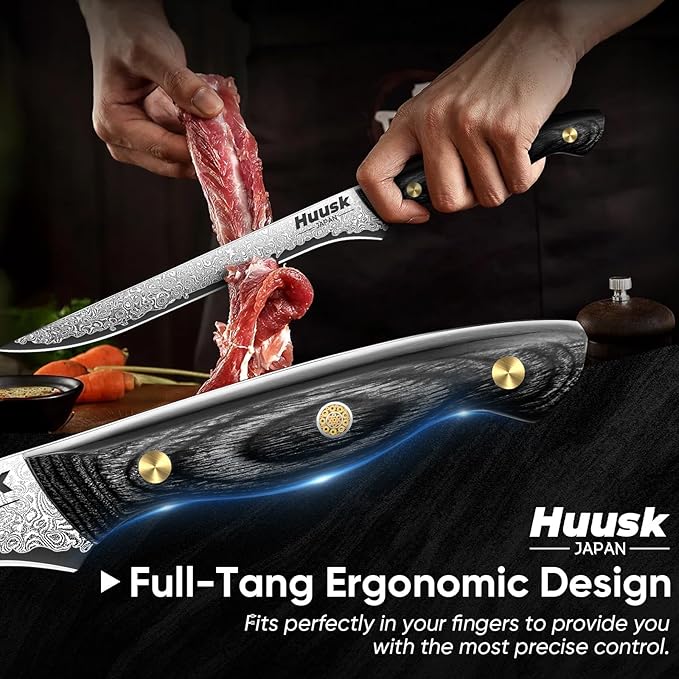 Huusk Damascus Boning Knife 8 inch, VG10 Brisket Trimming Knives for Meat Cutting, Flexible Fillet Knife, Butcher Knives, Kitchen Slicing Knives with Full Tang Handle, Birthday Dad Mom Gift