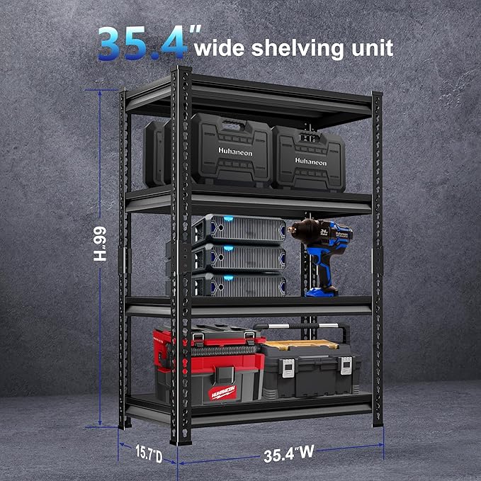 Adjustable Garage Storage Shelves - 35.4''W Garage Shelving Heavy Duty Loads 1280LBS, Metal Industrial Utility Shelf for Warehouse, Kitchen, Laundry Room, 35.4" W x 15.7" D x 66" H, Black
