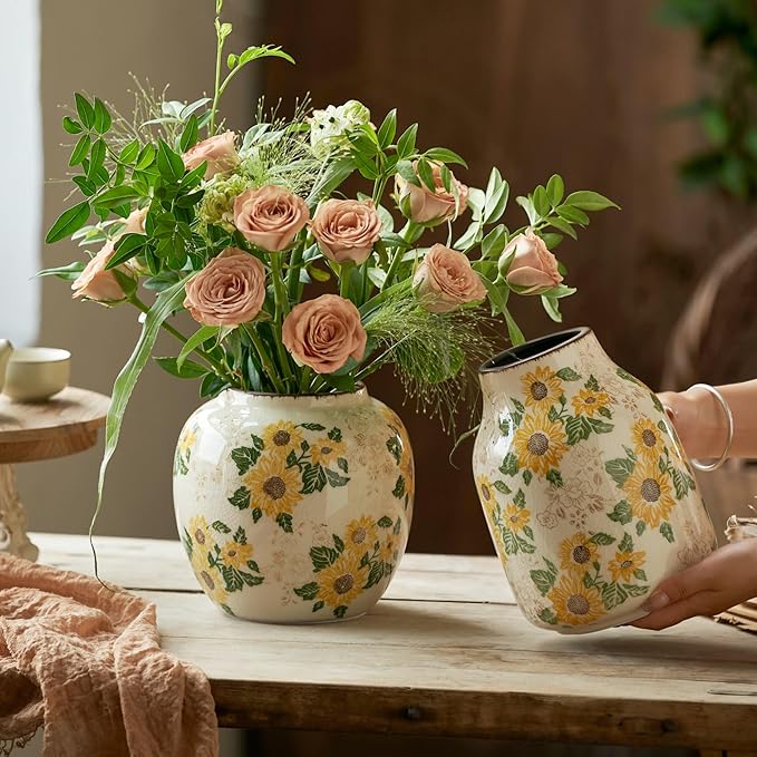 Levvohd Vintage Ceramic Vase, 7.7 Inch Yellow and Beige Sunflower Floral Modern Flower Vases for Home Decor Aesthetic Living Room Bookshelf Office Tuscan Decorations (Conical)