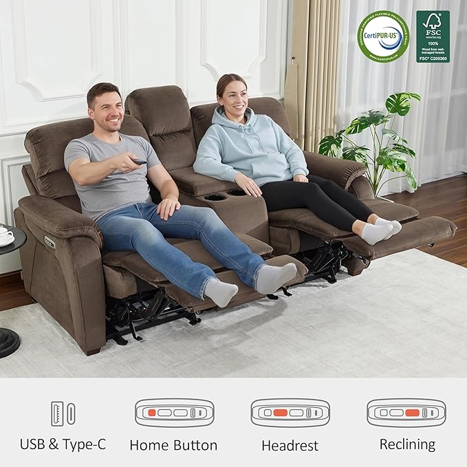 MCombo Zero Wall Recliner Loveseat with Console, Power Recliner Loveseat with Adjustable Headrest, USB A & C Charge Ports, Cup Holders, for Living Room, RVs, Small Spaces (Fabric, ST258M2, Coffee)