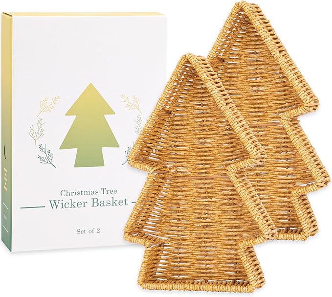 myHomeBody Christmas Tree Wicker Basket, Decorative Snack Tray, Appetizer Serving Tray and Platters, Set of 2