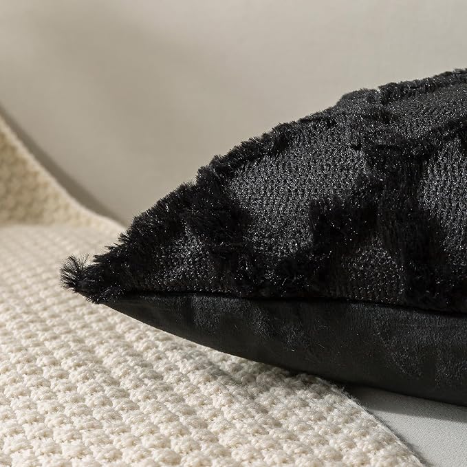 Set of 2 Soft Moroccan Throw Pillow Covers 12x20 Inch Plush Boho Decorative Pillow Cover Accent Cushion Case for Couch Sofa Bed, Black