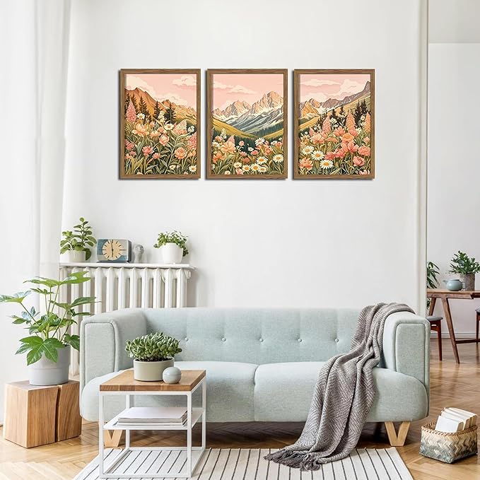 MUWAK Framed Mountain Landscape Canvas Wall Art Set of 3 – Rustic Wildflower and Sunset Nature Prints, Boho Floral Artwork Wall Decor with Wooden Frame for Living Room Bedroom Home Decor – 12x16in