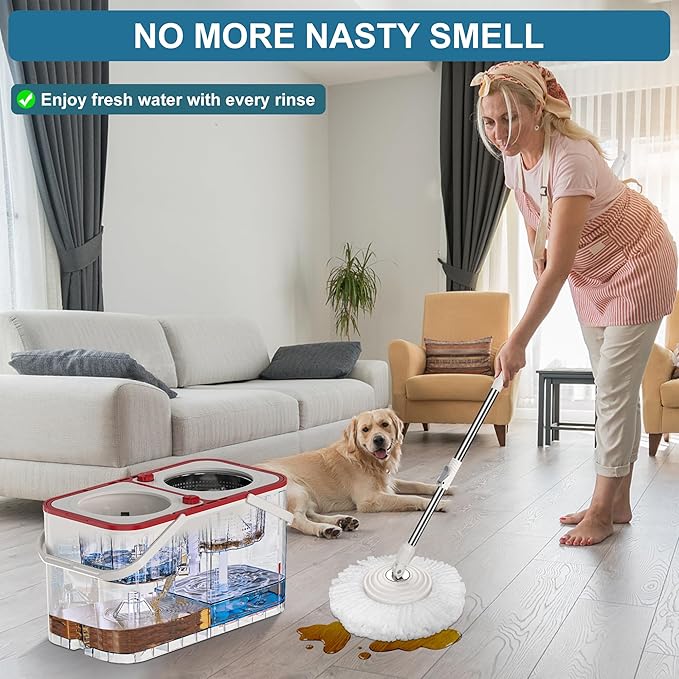 Spin Mop and Bucket,Mop Bucket with Separates Dirty and Clean Water,4-Chamber Mop and Bucket with Wringer Set for Home,Household Cleaning Tools with 6 Replacement Mop Heads,4X Wheel -White