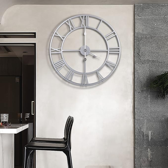 1st owned Large Wall Clock, Metal Retro Roman Numeral Clock, Modern Round Wall Clocks Almost Silent, Easy to Read for Living Room/Home/Kitchen/Bedroom/Office/School Decor (Silver, 24 Inch)