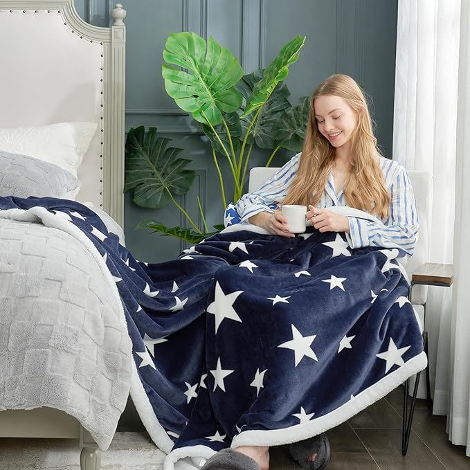 Cozy Bliss Thick Warm Sherpa Fleece Star Blanket, Double Sided Patriotic Throw Blanket Fluffy Soft Fuzzy Thick Blanket for Couch, Bed and Gifts(Navy Blue, 50" x 60")