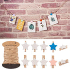 Pandahall 100Pcs Wooden Star Clothespins Photo Clips Photo Paper Pegs Clips White Mini Clothes Pins Holiday Card Holder Display with 10.9 Yards Jute Twine