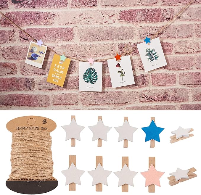 Pandahall 100Pcs Wooden Star Clothespins Photo Clips Photo Paper Pegs Clips White Mini Clothes Pins Holiday Card Holder Display with 10.9 Yards Jute Twine