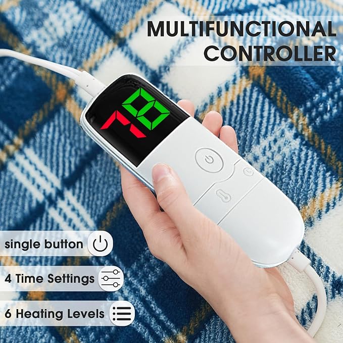 Heated Electric Blanket Queen Size, 84X90 Heating Blanket Queen with Dual Control&10 Heats Levels&Timer for Bed,Blue Plaid Sherpa Soft Blankets Warmer Gift for Grandma Women Adults, Washable,ETL