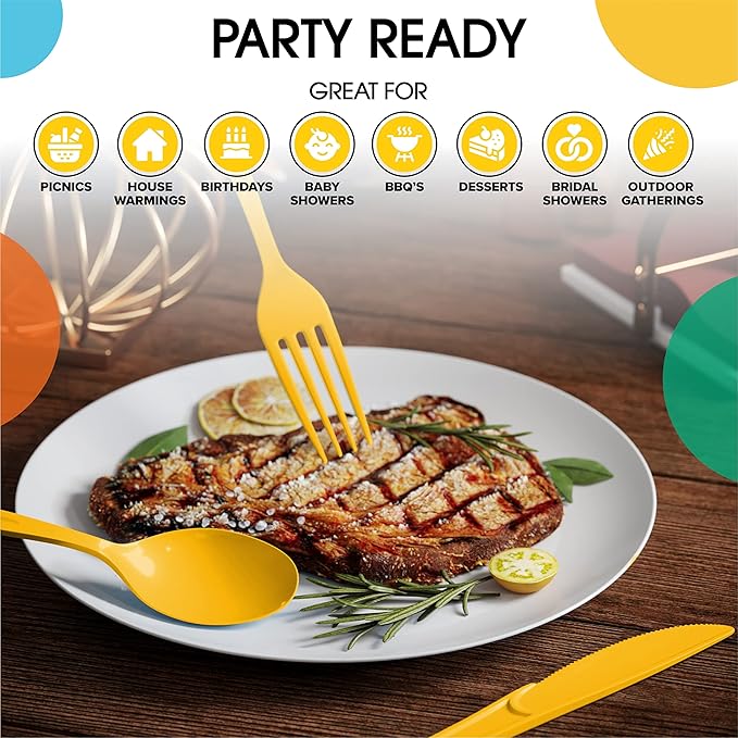 Party Solids Yellow Plastic Knives 200 Pcs Yellow Knives Disposable Utensils Heavy Duty Plastic Cutlery Set Disposable Cutlery Sets Flatware Sets Silverware Set Party Supplies & Party Tableware