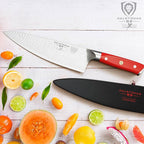 Dalstrong Chef Knife - 8 inch Blade - Shogun Series - Japanese AUS-10V Super Steel Kitchen Knife - Crimson Red Handle ABS - Damascus - Razor Sharp Knife - Professional Full Tang Knives - Sheath