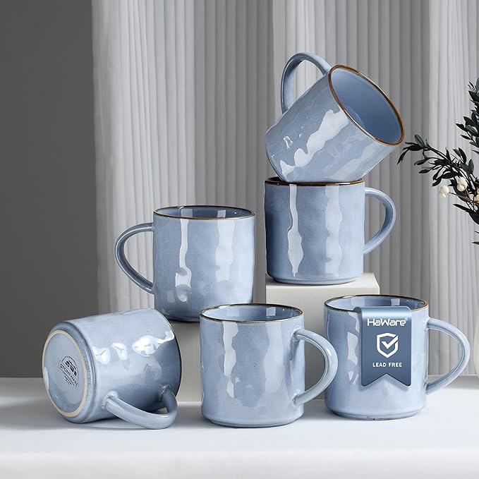 HaWare 14OZ Coffee Mugs Set of 6, Stoneware Coffee Cups with Handle, Latte Mug for Man, Woman, Dad, Mom, Modern Tea Mugs for Latte/Cappuccino/Cocoa/Milk, Dishwasher& Microwave Safe, Reactive Blue