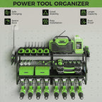 Max Loads 400lbs Power Tool Organizer Wall Mount, 4 Layer Garage Organization with 8 Cordless Drill Holder，Heavy Duty Metal Tool Storage Rack with 8 Outlet Power Strip for Room, Workshop