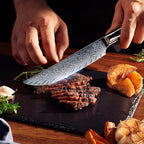 SENKEN Damascus Steak Knife Set - Black Tsunami Collection - 67-Layer Japanese VG10 Steel - Razor Sharp Non-Serrated Blades, Black Resin & Burl Wood Handles, Luxury Gift Box