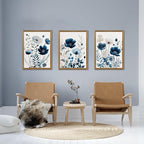 DUWQU 3 Pcs Blue Floral Canvas Wall Art, Wood Framed Navy Blue Wildflower Lily Daisy Art Wall Decor, Watercolor Botanical Flower Home Poster Art Prints for Living Room Bedroom Bathroom 12×16 Inches
