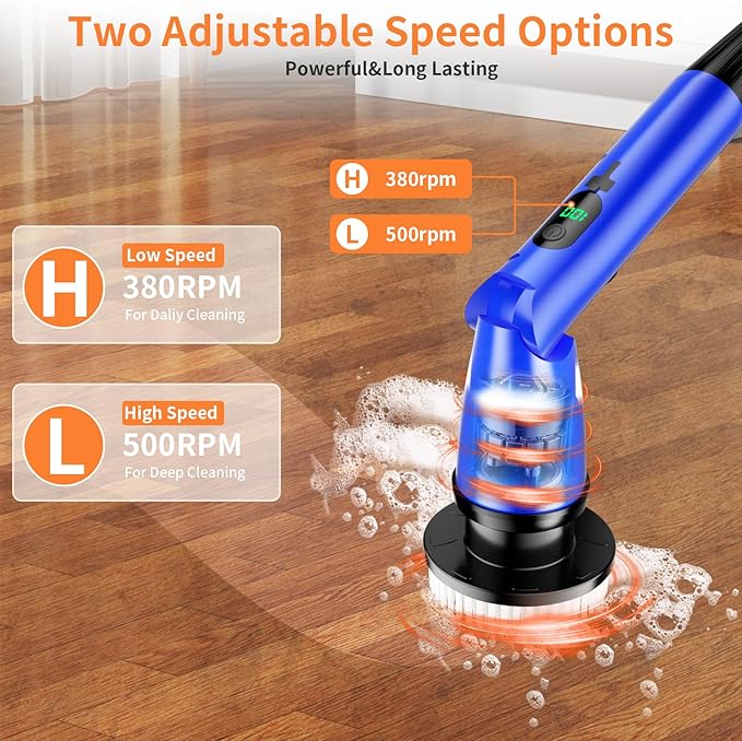 11 in 1 Electric Spin Scrubber Cordless Cleaning Brush 3 Adjustable Angles 2 Adjustable Speeds LED Display Shower Cleaner Brush Supplies Extension Long Handle for Bathroom Floor Tile Toilet Waterproof