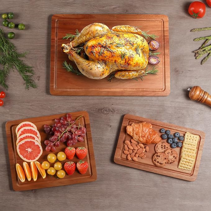 Wood Cutting Board, Acacia Cutting Boards for Kitchen, Set of 3, Solid Charcuterie Board with Juice Groove, Large Wooden Chopping Board for Meat, Cheese, Fruit, Vegetables (17x12, 12x10, 12x7 inch)