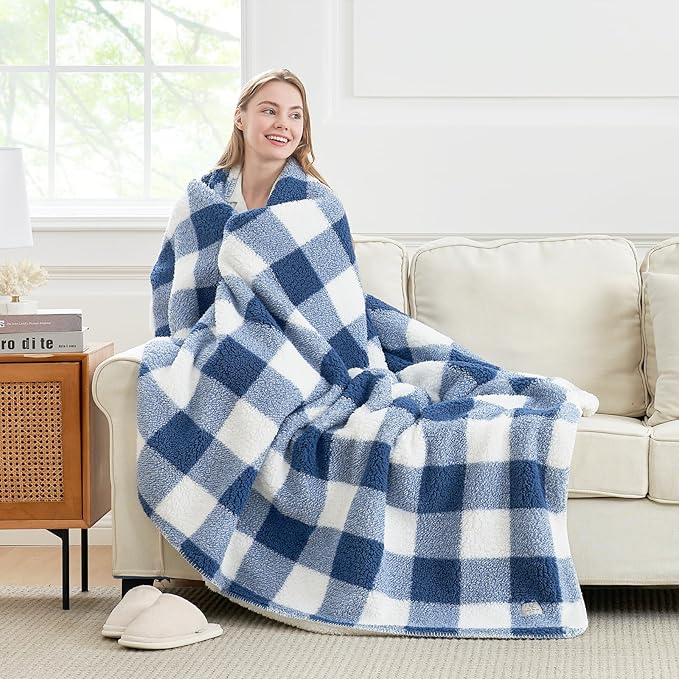 Cozy Bliss Luxury Sherpa Throw Blanket for Couch, Premium Reversible Buffalo Plaid Thick Throw, Warm Cozy Soft Blanket for Home and Gifts (Navy Blue, 50" x 60")