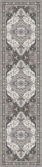 GENIMO 2X8 Hallway Runner Rug, Machine Washable Non Slip Vintage Floral Patchwork Runners, Thin Low Pile Chenille Carpet Runners for Entryway, Kitchen, Bathroom, Bedroom, Slate Gray