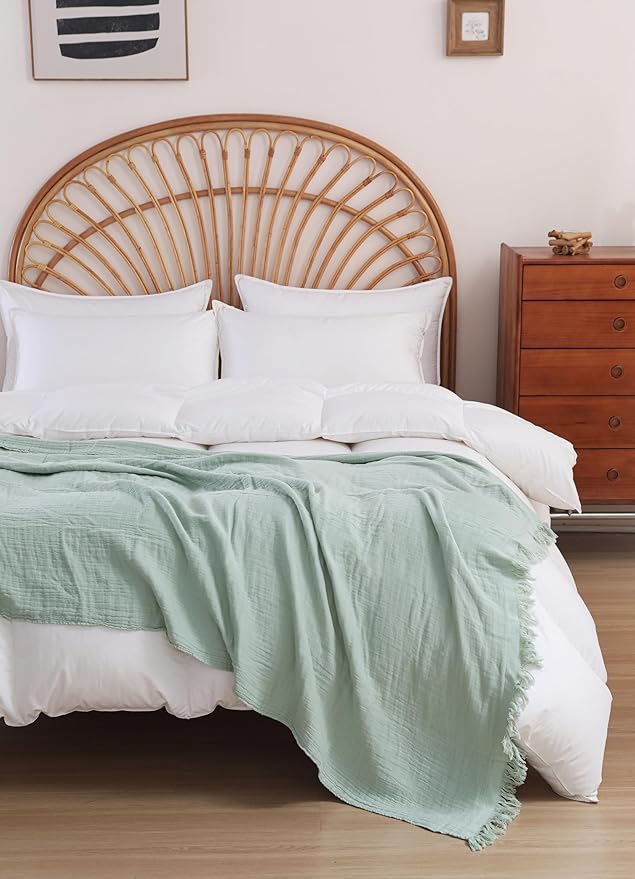 100% Cotton Muslin Throw Blanket for Bed, Couch, Small, Decorative, Soft, Pre-Washed, Breathable and Lightweight Gauze Blanket with Tassels, Suitable for All Seasons, Sage Green, 50"x60"