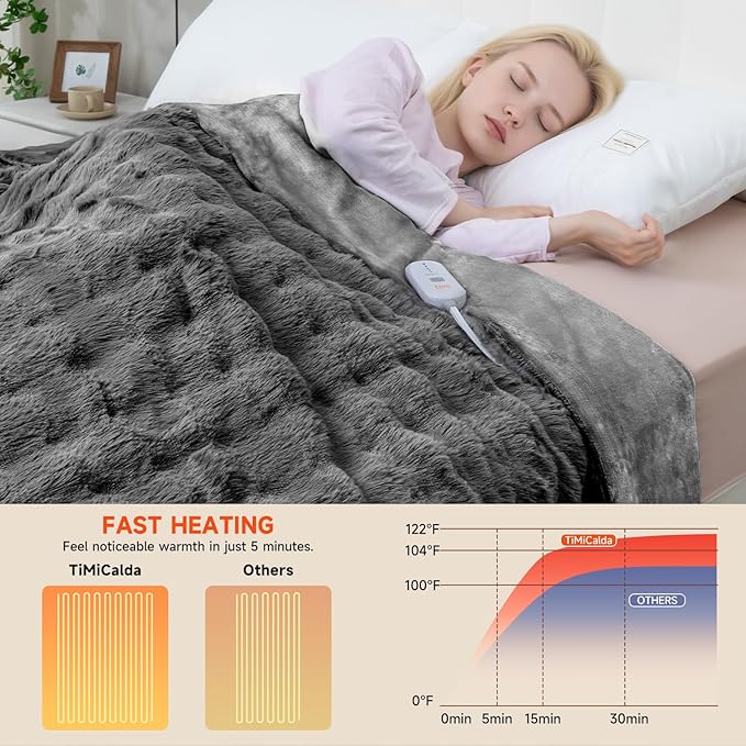 Heated Blanket Electric Queen- 84"x90" Soft Thick Bubble Electric Blanket for Sofa with 5 Heat Levels & 10 Hours Auto-Off Overheat Protection, Warm Cozy Gifts, Light Grey