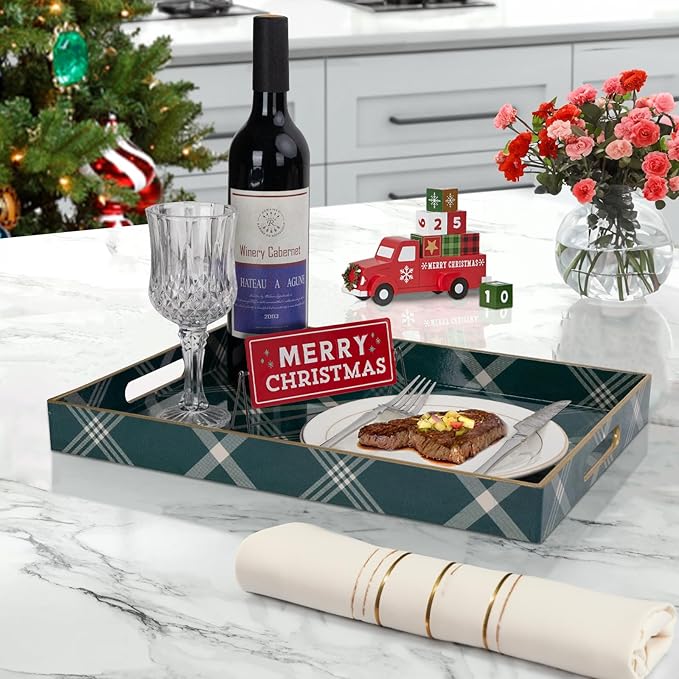 MAONAME Christmas Decorative Tray, Plastic Green Serving Tray with Handles, Modern Rectangular Christmas Trays, Coffee Table Trays for Living Room, Home Decor, 15.7" x 11.8" x 1.6"