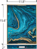 MAONAME Plastic Decorative Tray, Marbling Tray with Handles, Rectangular Coffee Table Trays, Blue Serving Trays for Ottoman, Bathroom, 15.7” x 11.8”
