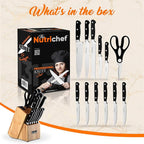 NutriChef 13-Piece Kitchen Knife Set with Wooden Block - Precision Crafted Stainless Steel Knives with Scissors & Built-In Sharpener - Lightweight, Durable, & Razor Sharp - Dishwasher Safe (NCKNS13)