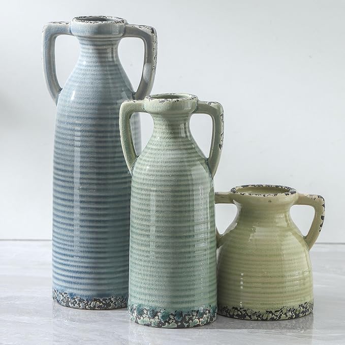Ceramic Vase Set of 3 with Handles - Farmhouse Vase Set for Modern Decoration, Rustic Crackle Round Vases for Home Decor, Dining Table, Living Room, Kitchen, Office, Shelf - Multicolor