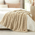 Cozy Bliss Faux Fur Throw Blanket for Couch, Fuzzy Soft Plush Thick Warm Fluffy Reversible Wave Textured Blanket for Sofa Bedroom Living Room, 55 * 70 Inches Kahki