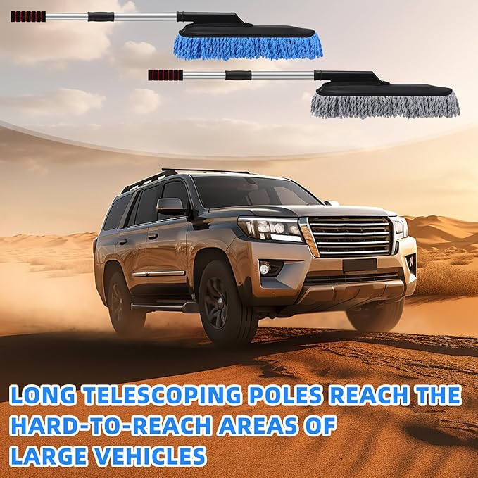 Tanlade 2 Pack Microfiber Car Duster Exterior Scratch Free with Extendable Handle Soft Car Duster Kit for Cleaning Dust Brush Set for Exterior Interior Cleaning Tools (Blue Gray)