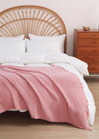 100% Cotton Muslin Throw Blanket for Bed, Couch, Small, Decorative, Soft, Pre-Washed, Breathable and Lightweight Gauze Blanket with Tassels, Suitable for All Seasons, Pink, 50"x60"