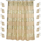 Zahari Home 13pc Sinatra Bathroom Shower Curtain Set - Gold Curtain & 12 Champagne Hooks - Luxury Fabric Bling Unique Beautiful Set