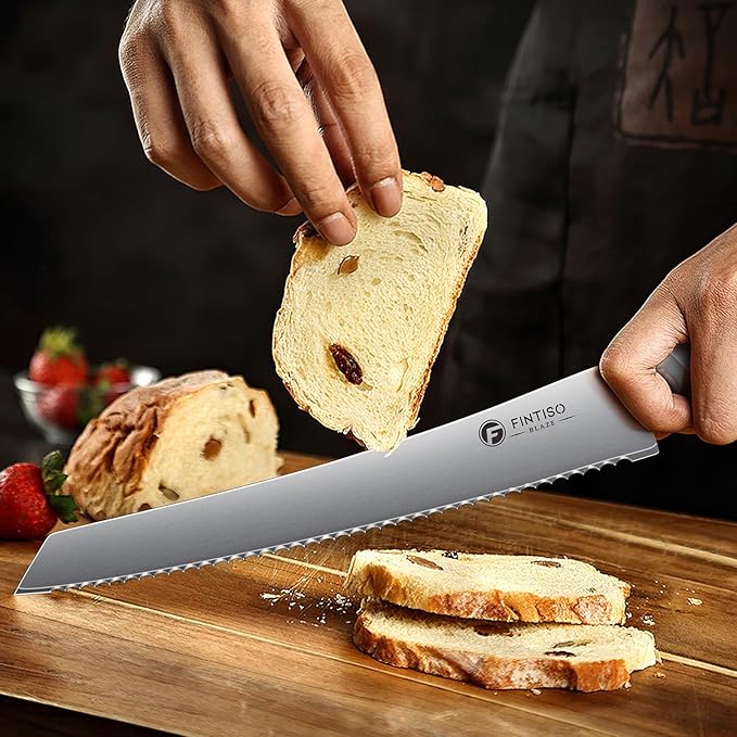 FINTISO Bread Knife 10 Inch, Serrated Bread Cutter with Razor Sharp Japanese High Carbon Stainless Steel Blade & G10 Ergonomic Handle, Wavy Edge Knife for Bread, Cake & Pastries, Ideal Baking Gift