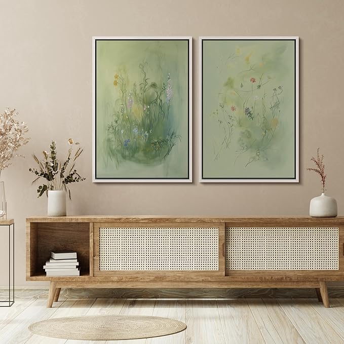 SIGNFORD Framed Canvas Print Wall Art Set Whimsical Green Wildflower Illustration Modern Art Decorative Nordic Nature for Living Room, Bedroom, Office - 24"x36"x2 White