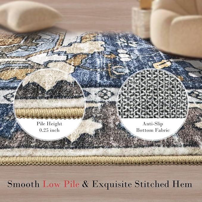 RUGSURE Washable Area Rugs - Perfect for Living Room, Bedroom, Kids Room, Nursery - Stain & Water Resistant Non-Slip, Pet & Child Friendly, Vintage Tribal Area Rugs (Navy, 2'6'' x 8')