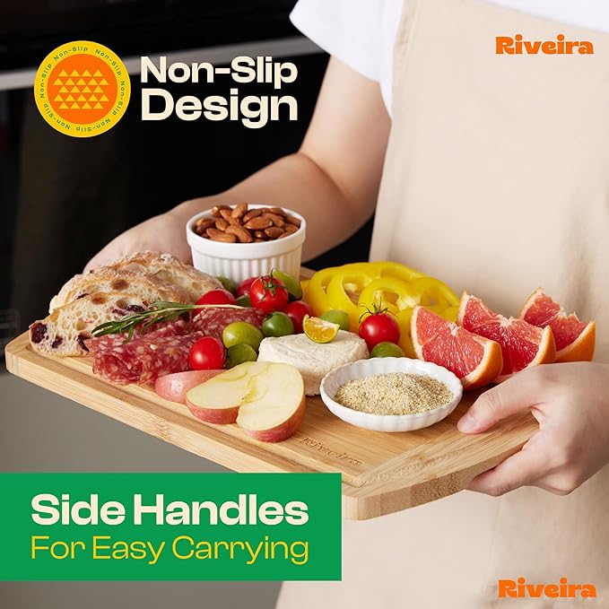 Riveira Two Tone Bamboo Wood Cutting Board – Gourmet Bamboo Grandeur: 24 x 18 Wooden Cutting Board – Wooden Cutting Boards For Kitchen Decorative – Innovative Juice Grooves Wooden Chopping Board