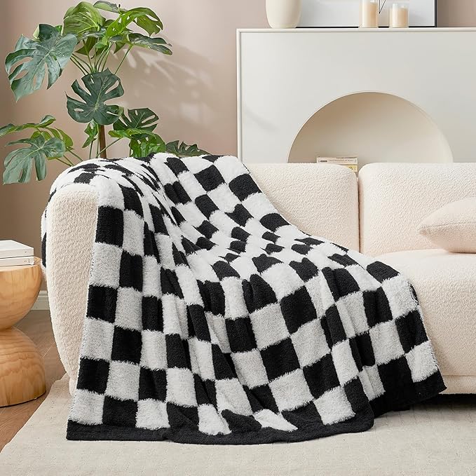 Snuggle Sac Faux Fur Checkered Blanket Twin Size with Soft Knitted Microfiber Fabric,Cozy Soft Warm Blanket for Sofa Bedroom Living Room,Black Checker,60x80 inches