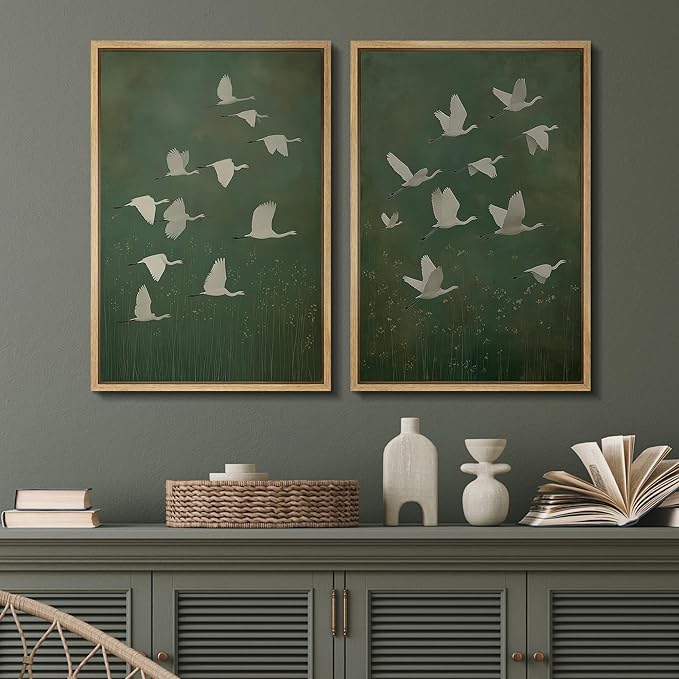 SIGNFORD Framed Canvas Print Wall Art Set Flight of Cranes Elegant Birds in Soft Green Hues Illustration Modern Art Decorative Nordic Nature for Living Room, Bedroom, Office - 16"x24"x2 Natural