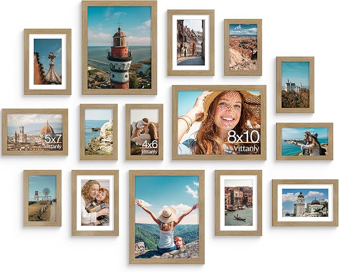 Vittanly 15 Pack Picture Frames Collage Wall Decor, Multi Sizes Including 3pcs 8x10, 6pcs 5x7 and 6pcs 4x6 Photo Frames, Gallery Frame Set for Wall or Tabletop Display, Olive Brown