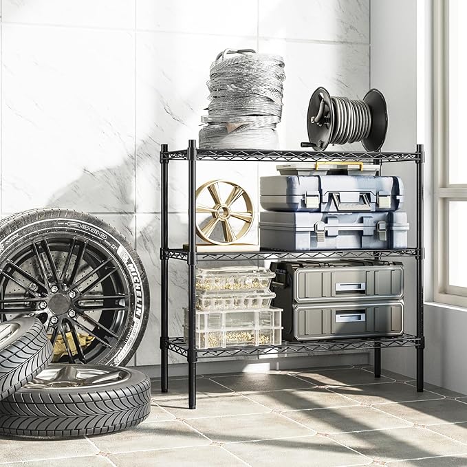 Auslar 3-Shelf Storage Wire Shelves Heavy Duty 3 Tiers Standing Shelving Units Adjustable Metal Organizer Wire Rack, Black