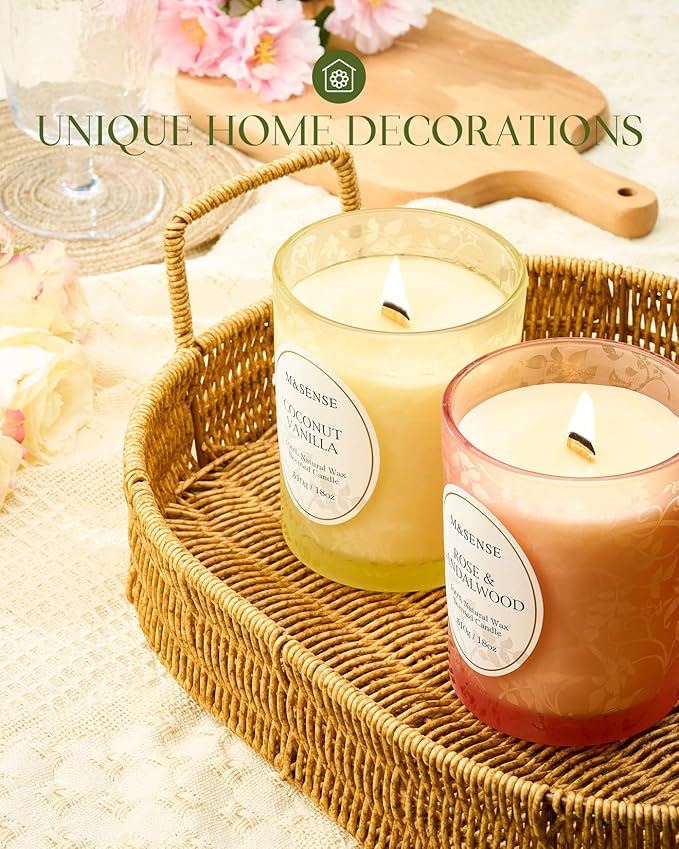 M&SENSE Vanilla Sandalwood Candle, Cracking Wooden Wick Soy Wax, 18oz 100 Hours Long Lasting Clean Burn, Large Jar Candles for Home Scented, Non-Toxic Relaxing Aromatherapy Gifts for Women