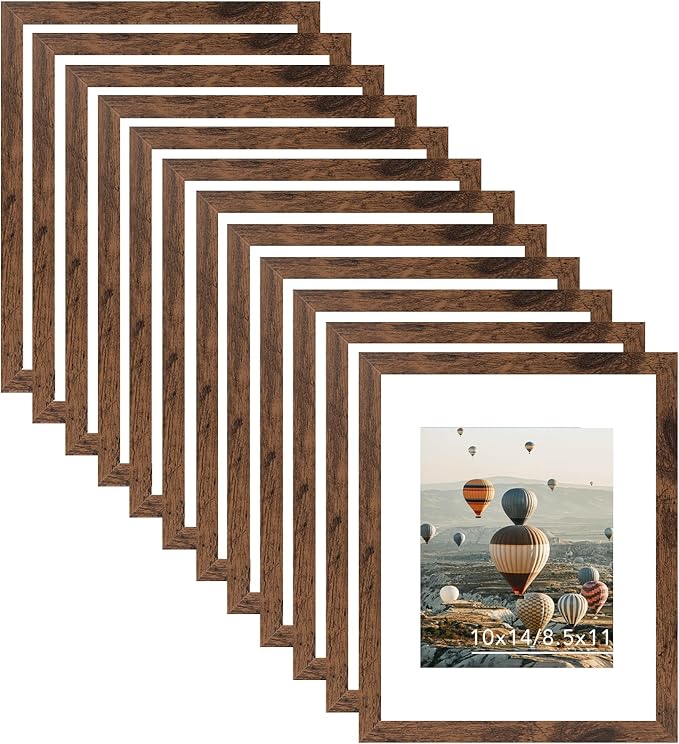 10x14 Picture Frame Set of 12 for 30 x 40 cm Diamond Art Painting, Display 8.5x11 With Mat or 10x14 Without, Wood Wall Gallery Poster Photo Frames Bulk, 12 Pack, Deep Brown